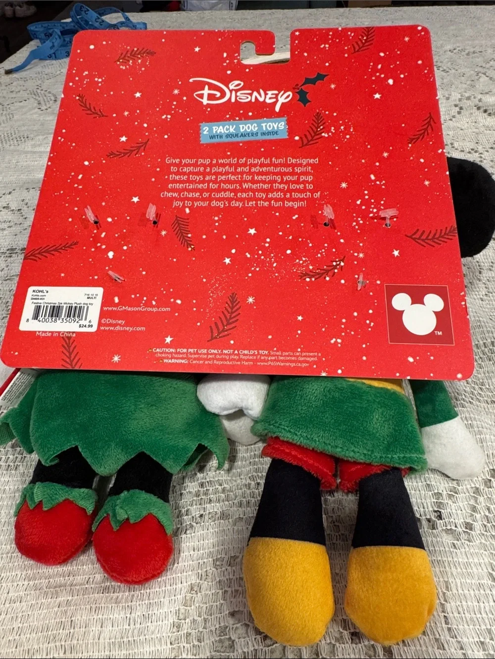 Disney Mickey and Minnie Mouse holiday elf plush dog toys with squeakers NEW